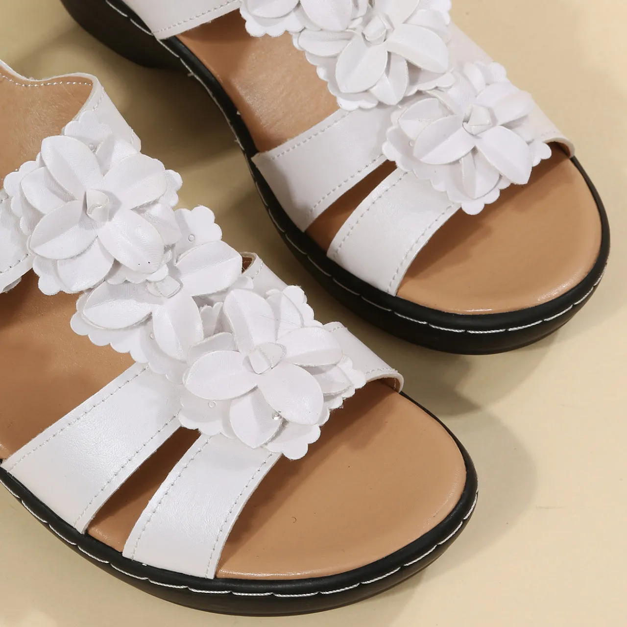 Women's fish mouth velcro wedge sandals in white PU upper with adjustable strap