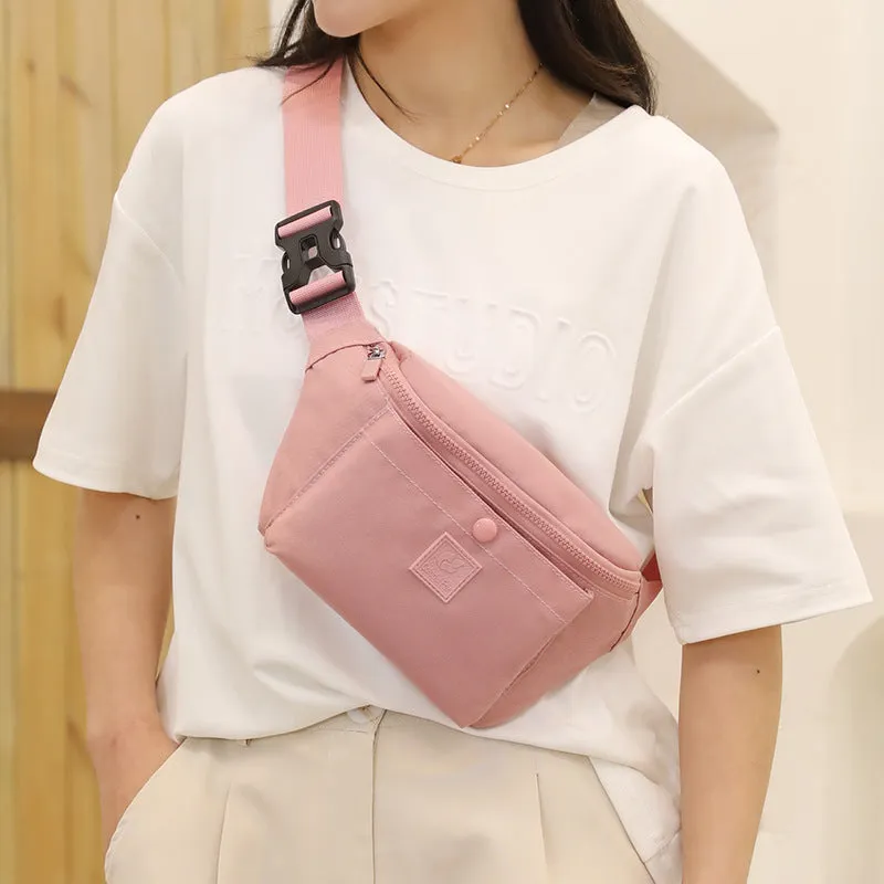 Large capacity crossbody nylon fanny pack for women in eight colours with zipper closure and internal pockets for running and travel