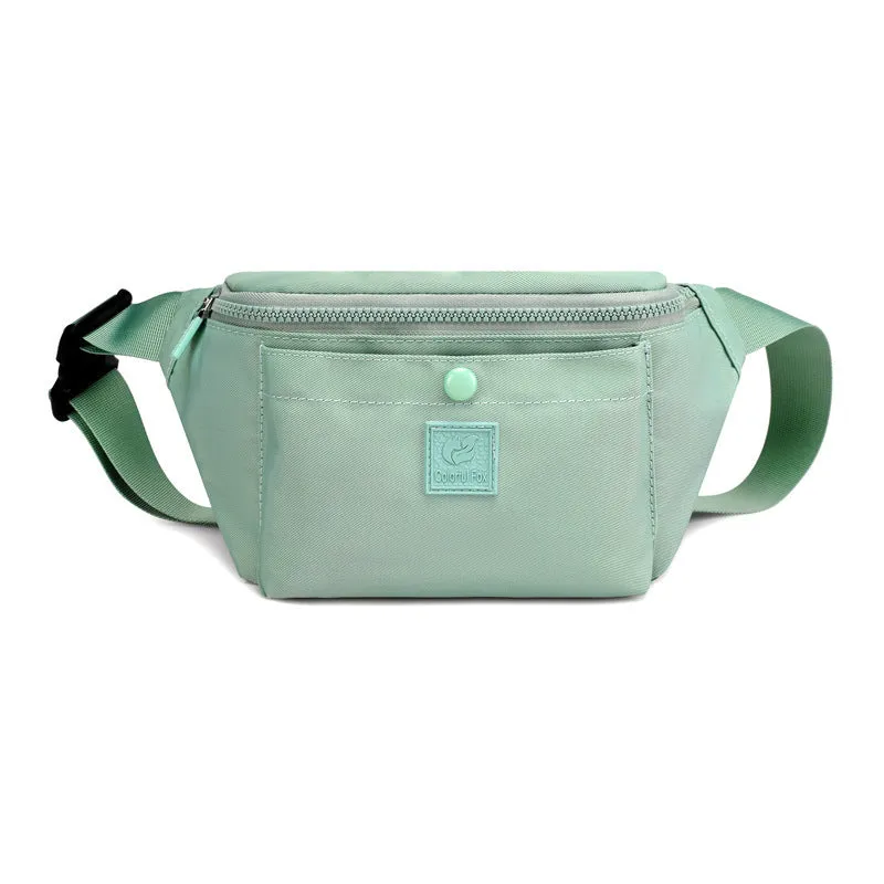 Large capacity crossbody nylon fanny pack for women in eight colours with zipper closure and internal pockets for running and travel