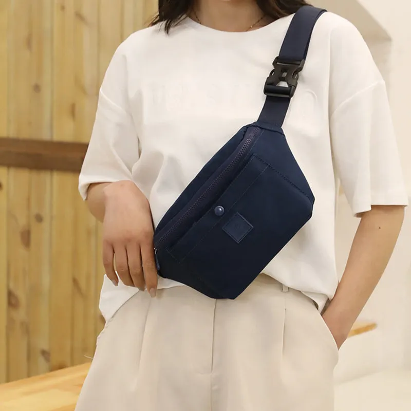Large capacity crossbody nylon fanny pack for women in eight colours with zipper closure and internal pockets for running and travel