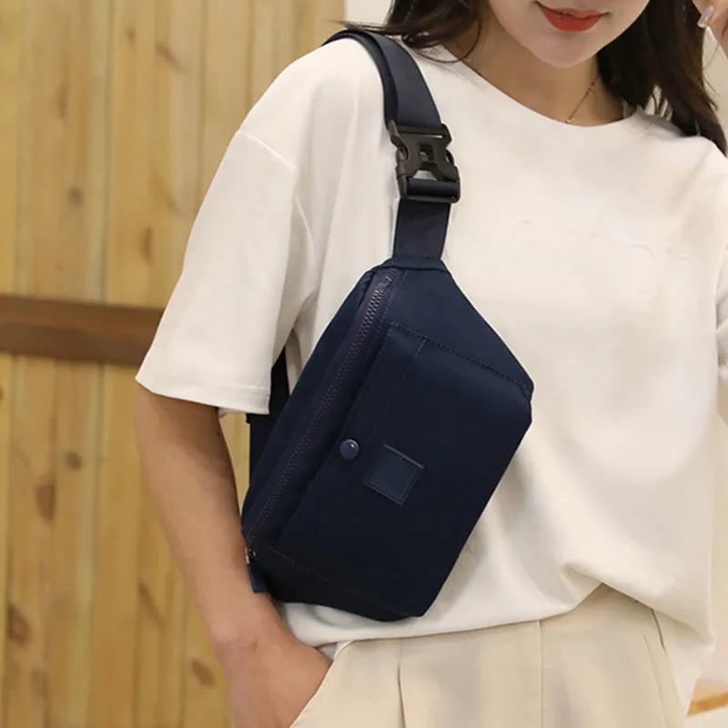 Large capacity crossbody nylon fanny pack for women in eight colours with zipper closure and internal pockets for running and travel