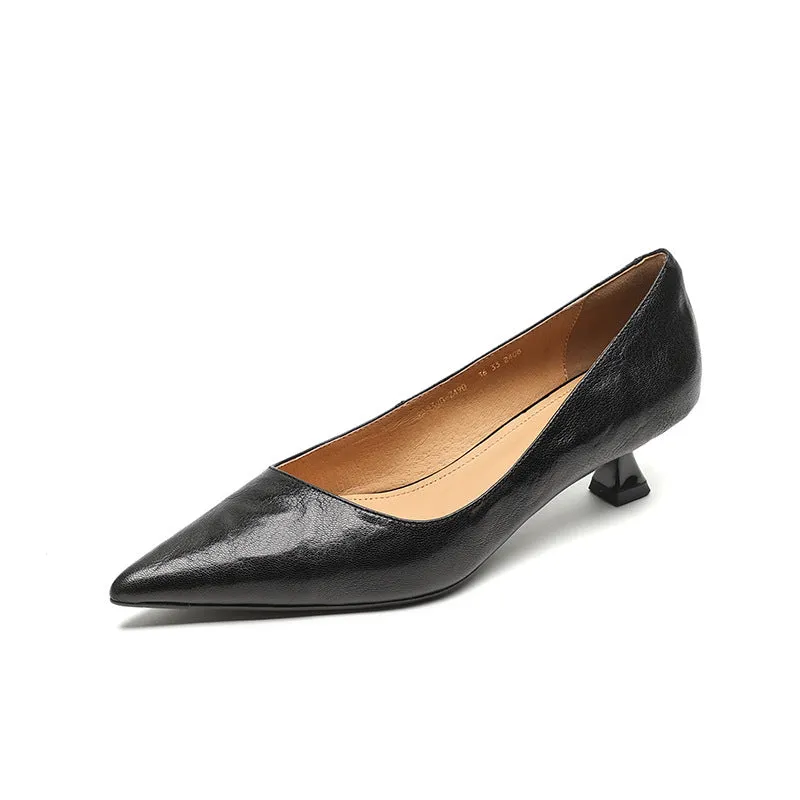 Women's solid colour pointed-toe mid heel pumps with cowhide upper, sheepskin lining, 3CM stiletto heel, rubber sole