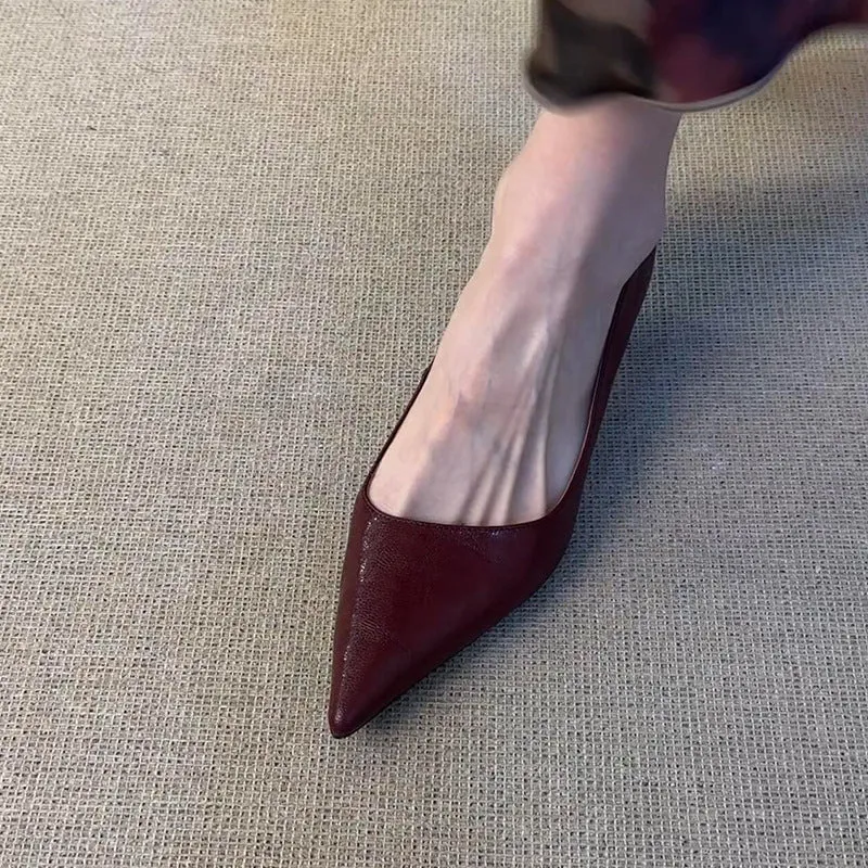 Women's solid colour pointed-toe mid heel pumps with cowhide upper, sheepskin lining, 3CM stiletto heel, rubber sole