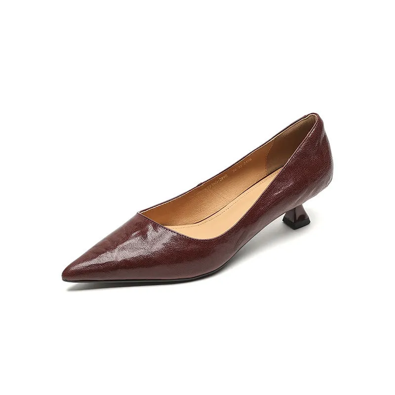 Women's solid colour pointed-toe mid heel pumps with cowhide upper, sheepskin lining, 3CM stiletto heel, rubber sole