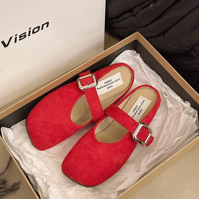 Women's flat apricot coloured slippers with a square toe, PU leather upper, and a dark rubber sole.