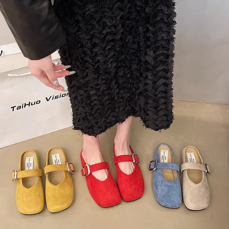 Women's flat apricot coloured slippers with a square toe, PU leather upper, and a dark rubber sole.
