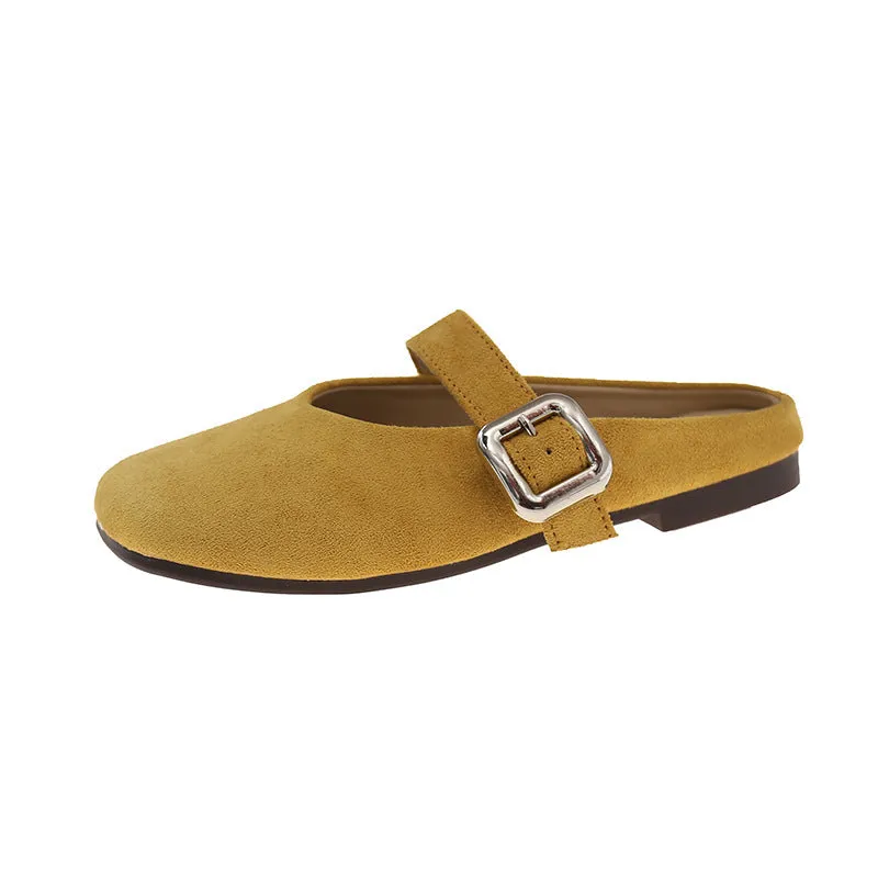 Women's flat apricot coloured slippers with a square toe, PU leather upper, and a dark rubber sole.