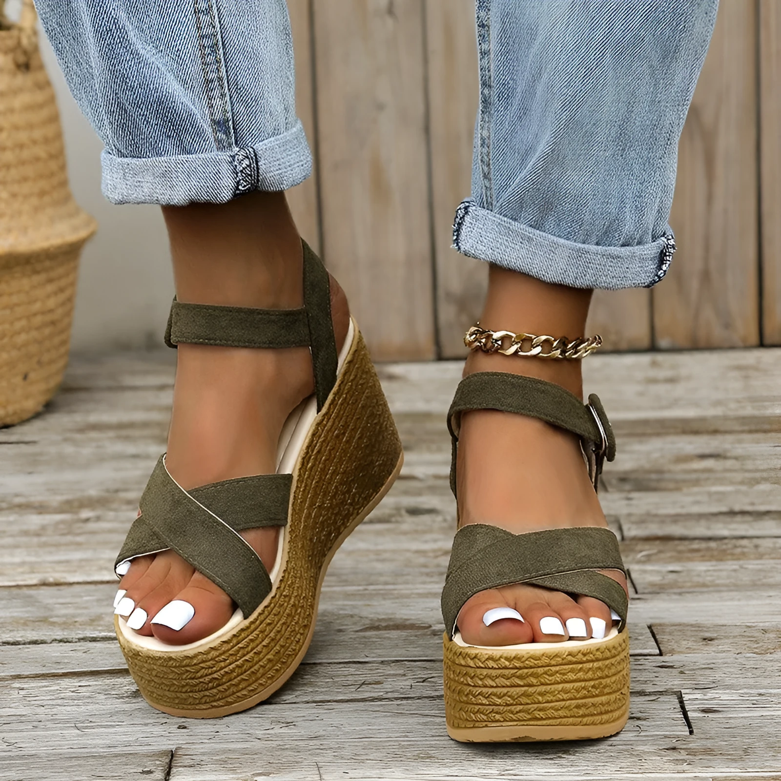 Women's wedge sandals with hemp heels, non-slip cross-strap, and hollow-out lamb pulp upper in army green