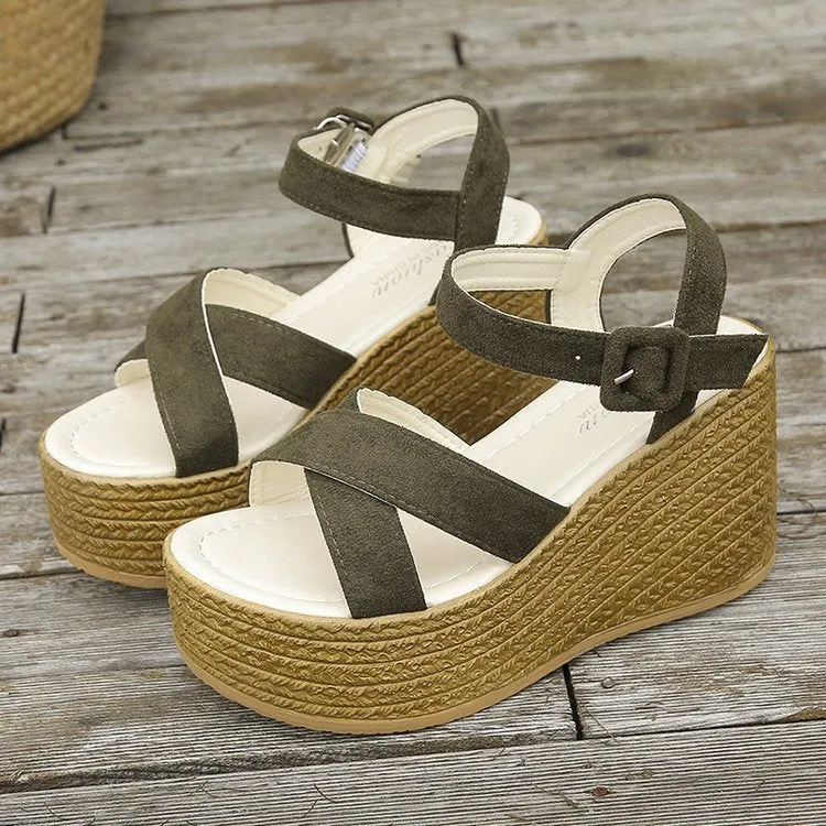 Women's wedge sandals with hemp heels, non-slip cross-strap, and hollow-out lamb pulp upper in army green