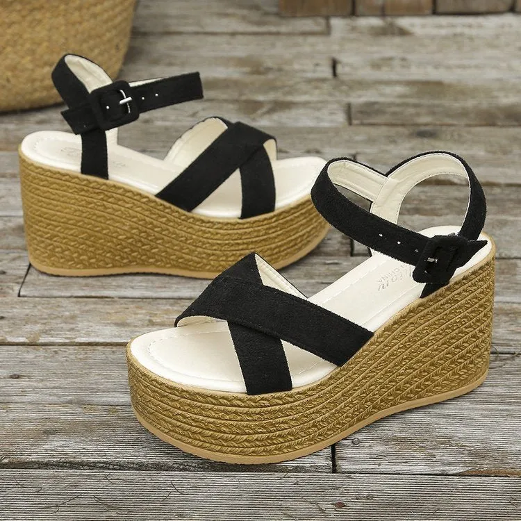 Women's wedge sandals with hemp heels, non-slip cross-strap, and hollow-out lamb pulp upper in army green