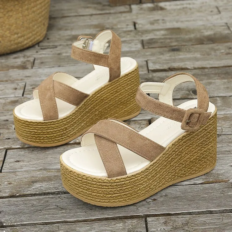 Women's wedge sandals with hemp heels, non-slip cross-strap, and hollow-out lamb pulp upper in army green