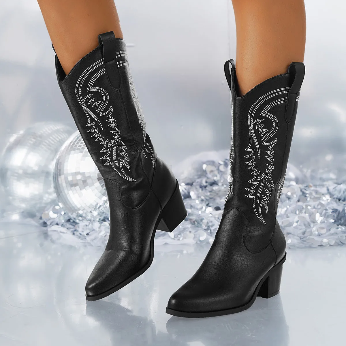 White Knight embroidered pointed toe chunky heel mid-calf western boots for women in black