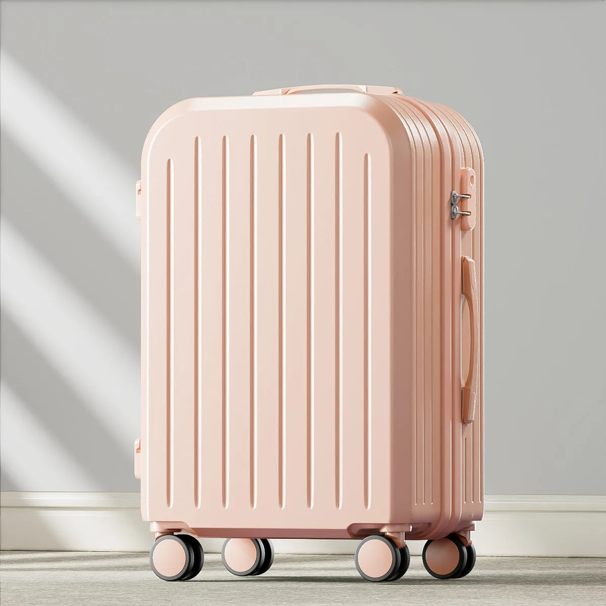Small lightweight password suitcase in Titanium Gray with striped ABS PC shell and universal wheels