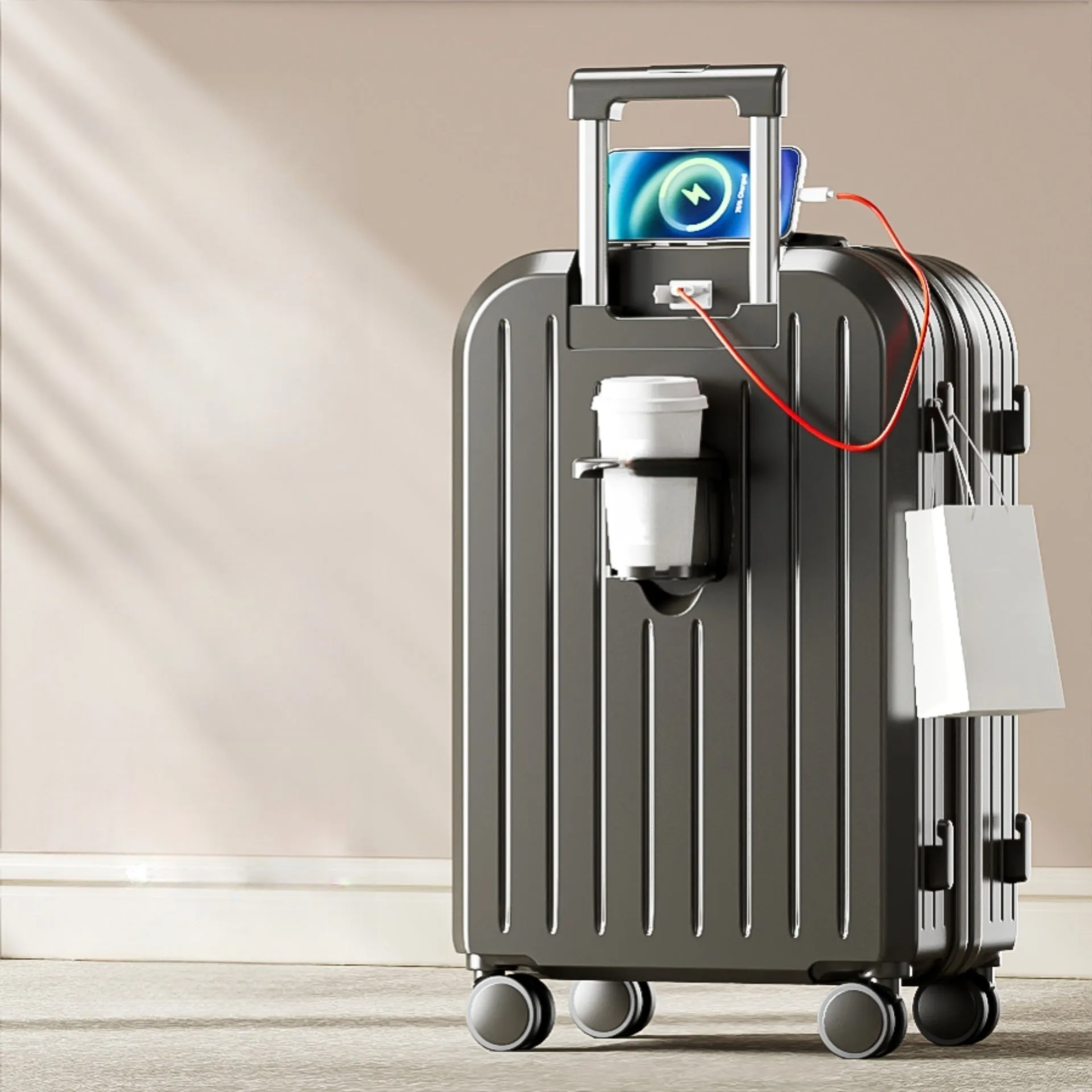 Small lightweight password suitcase in Titanium Gray with striped ABS PC shell and universal wheels