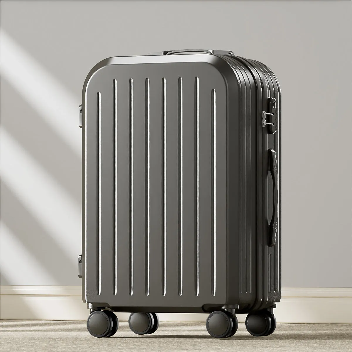 Small lightweight password suitcase in Titanium Gray with striped ABS PC shell and universal wheels