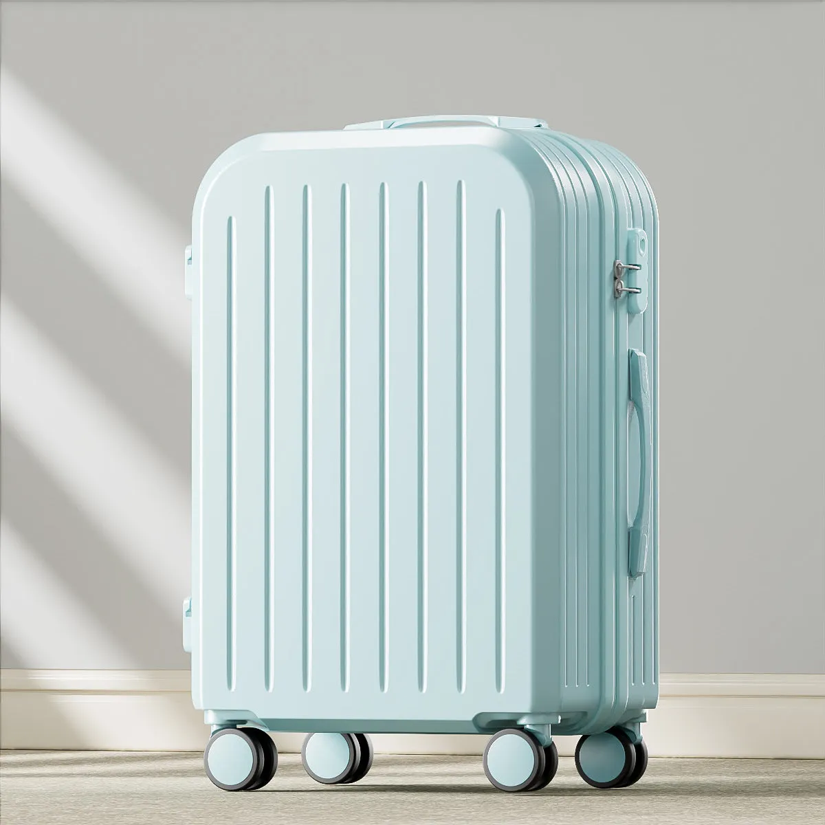 Small lightweight password suitcase in Titanium Gray with striped ABS PC shell and universal wheels