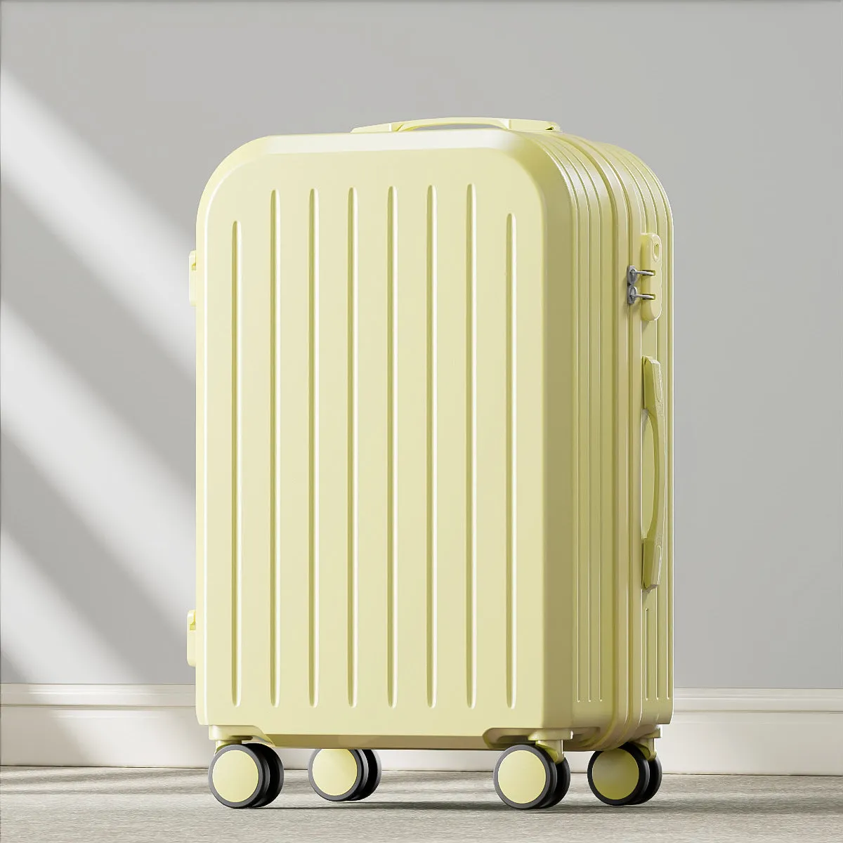 Small lightweight password suitcase in Titanium Gray with striped ABS PC shell and universal wheels