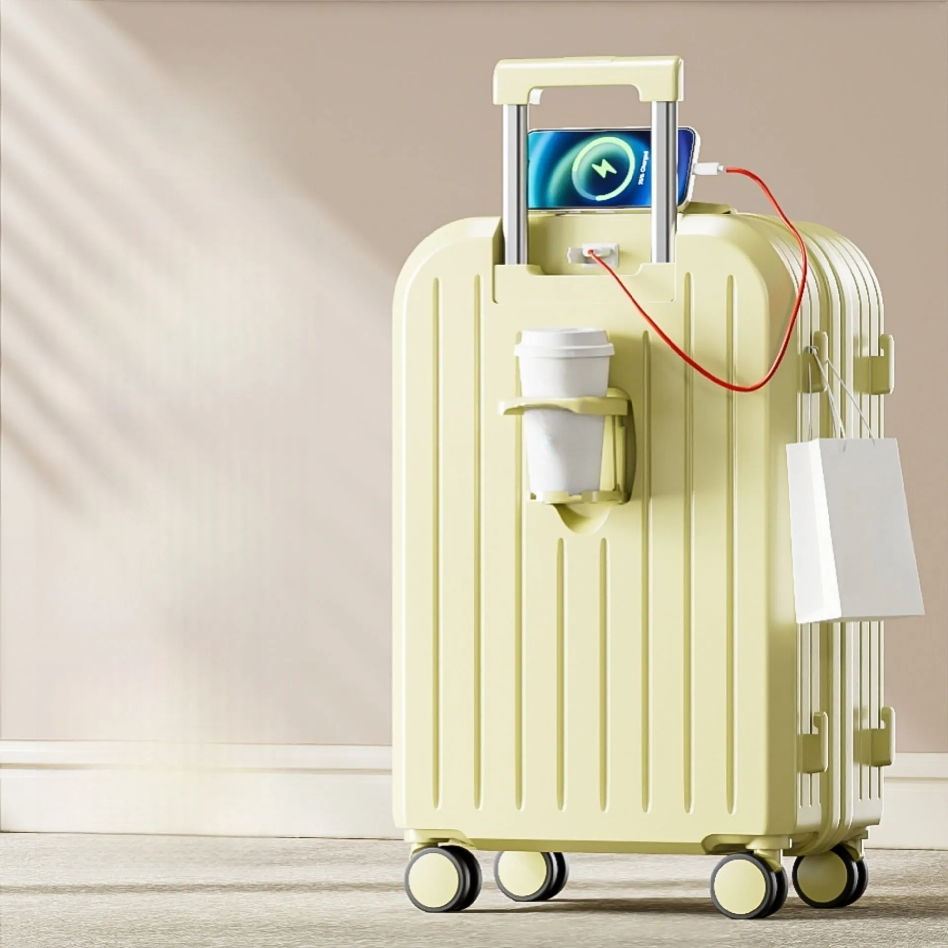 Small lightweight password suitcase in Titanium Gray with striped ABS PC shell and universal wheels