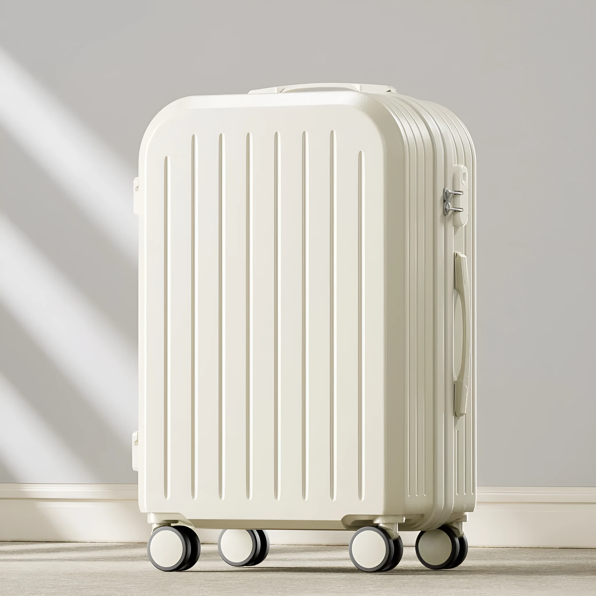 Small lightweight password suitcase in Titanium Gray with striped ABS PC shell and universal wheels