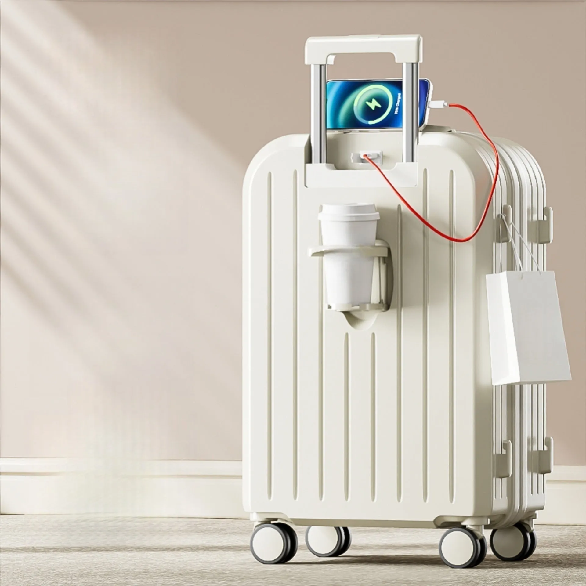 Small lightweight password suitcase in Titanium Gray with striped ABS PC shell and universal wheels