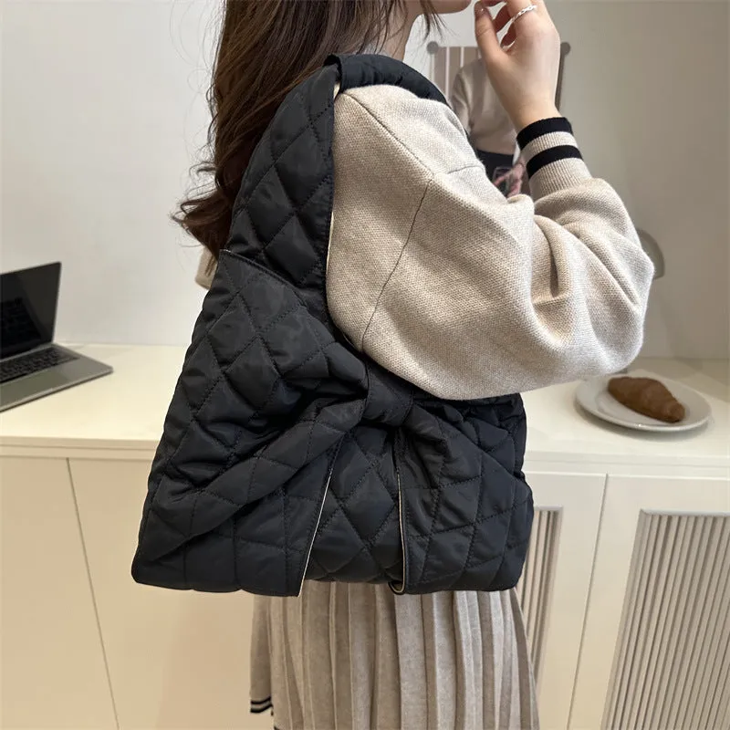 Women's one shoulder handbag soft cotton horizontal square shape with sandwich pocket in black