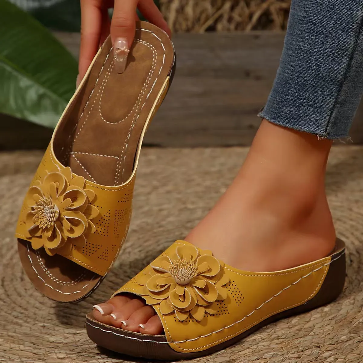Women's casual peep-toe slippers with fish mouth design in multiple colours showing thick rubber sole