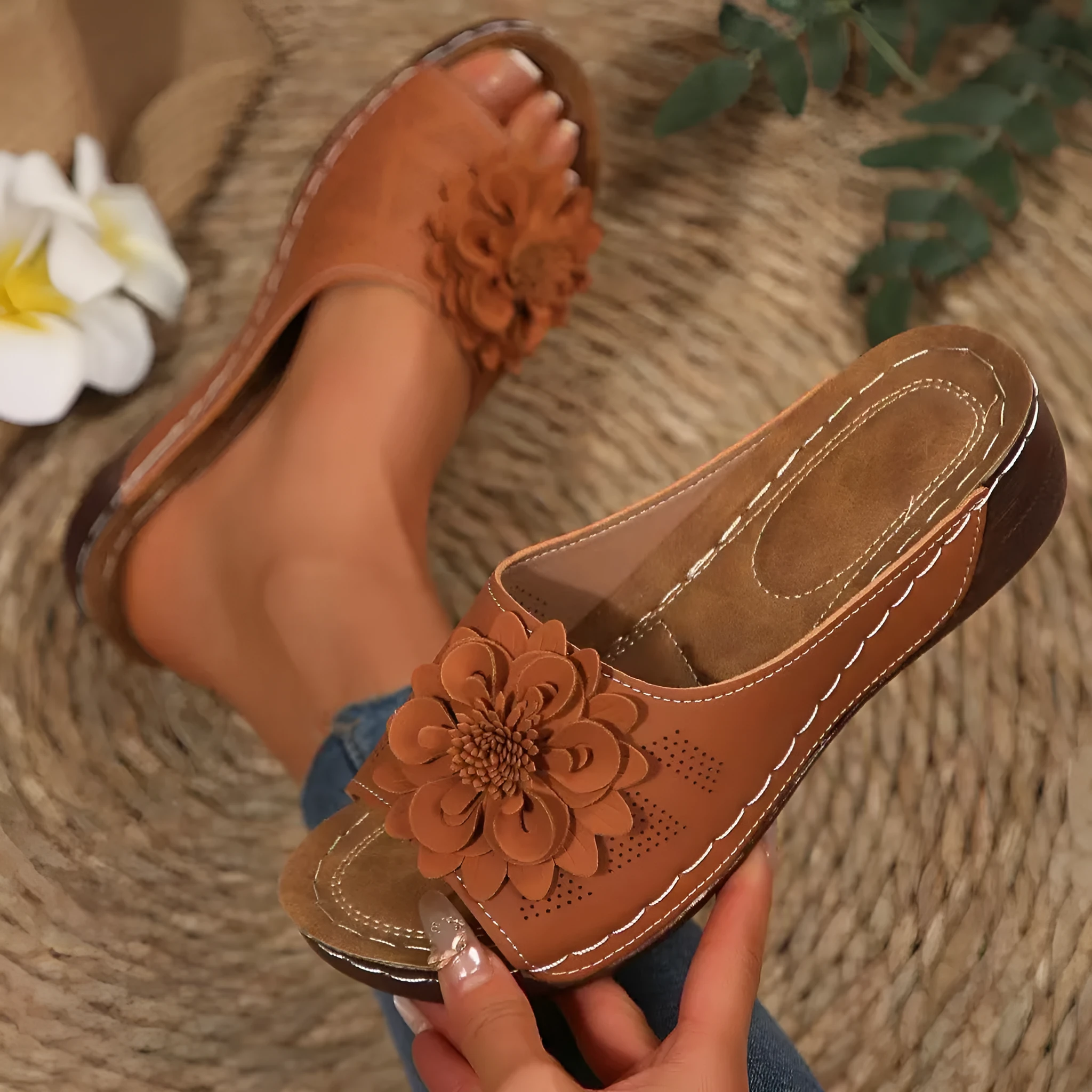 Women's casual peep-toe slippers with fish mouth design in multiple colours showing thick rubber sole