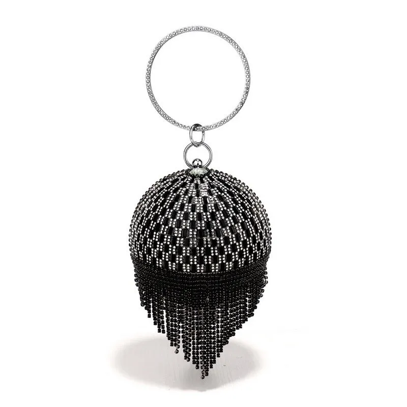 Shining rhinestone round tassel dinner bag in silver with three-dimensional outer pocket