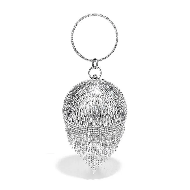 Shining rhinestone round tassel dinner bag in silver with three-dimensional outer pocket