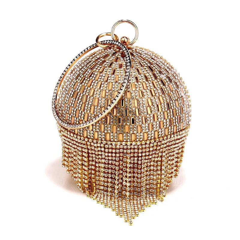 Shining rhinestone round tassel dinner bag in silver with three-dimensional outer pocket