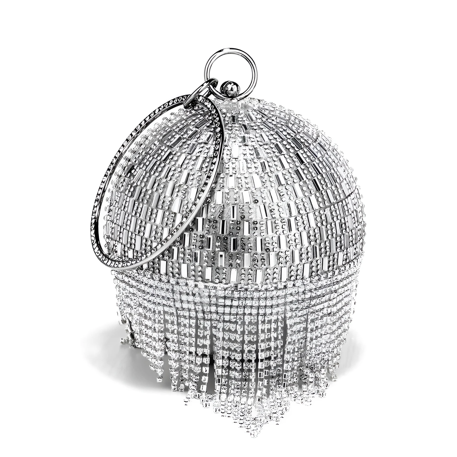 Shining rhinestone round tassel dinner bag in silver with three-dimensional outer pocket