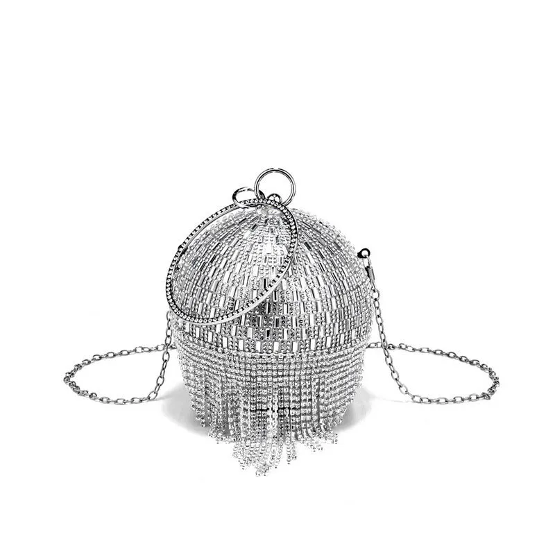Shining rhinestone round tassel dinner bag in silver with three-dimensional outer pocket