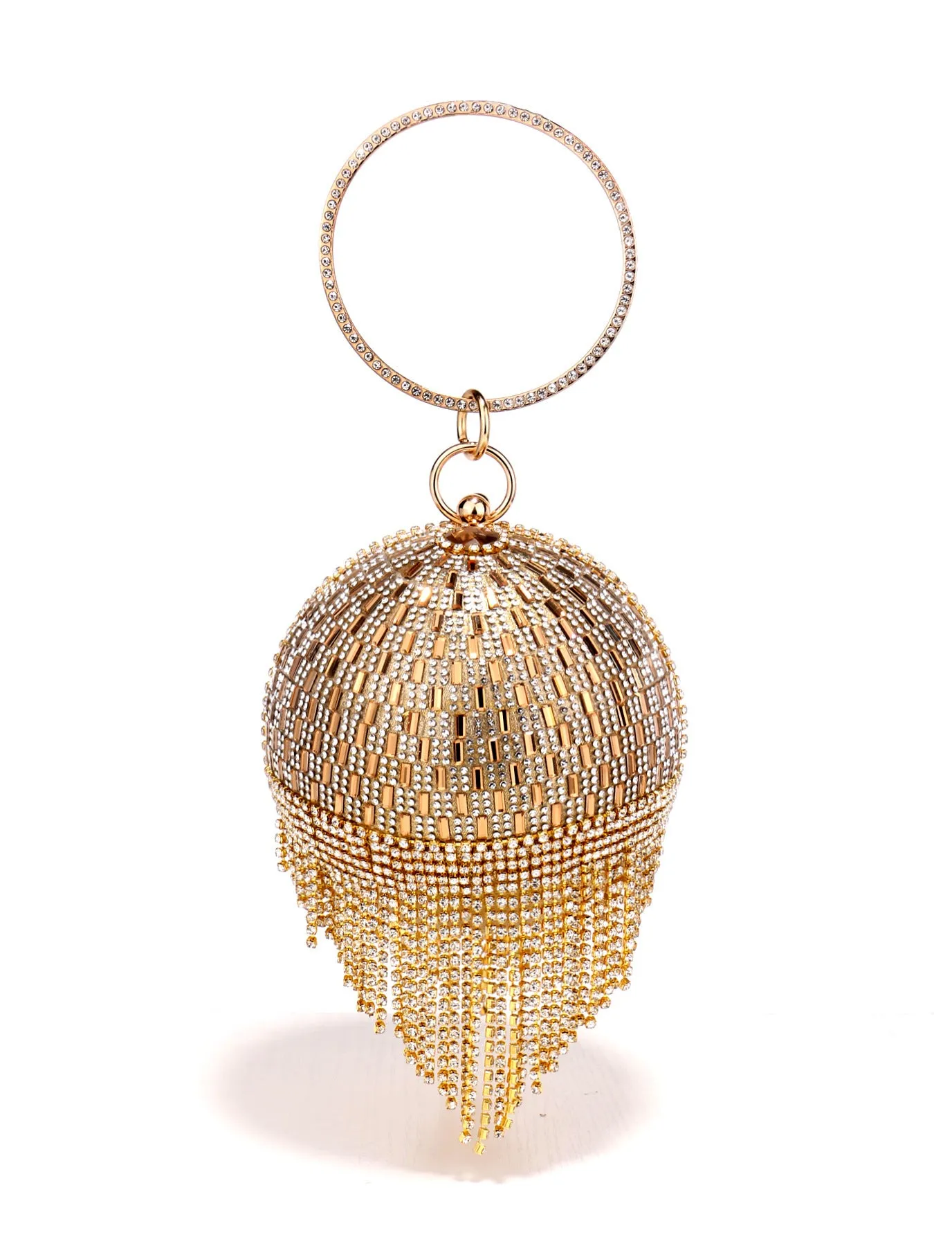 Shining rhinestone round tassel dinner bag in silver with three-dimensional outer pocket