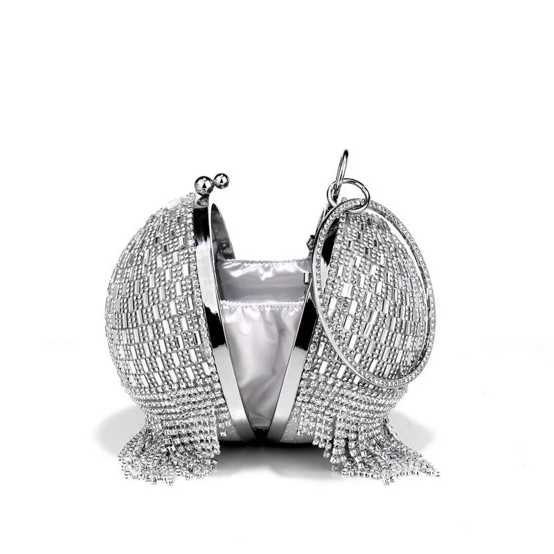 Shining rhinestone round tassel dinner bag in silver with three-dimensional outer pocket