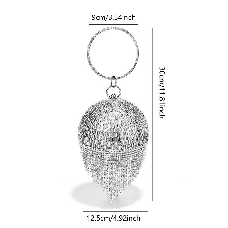 Shining rhinestone round tassel dinner bag in silver with three-dimensional outer pocket
