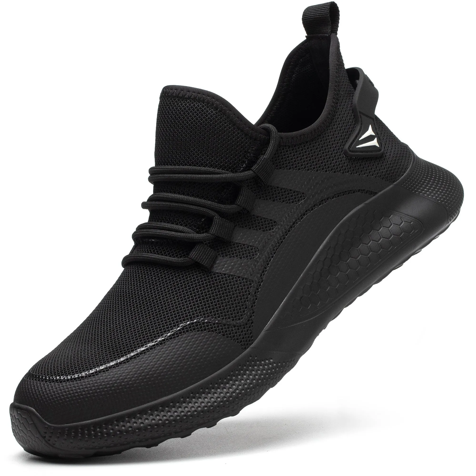 Breathable labour protection shoe for men with black fly-knit upper and rubber plastic sole