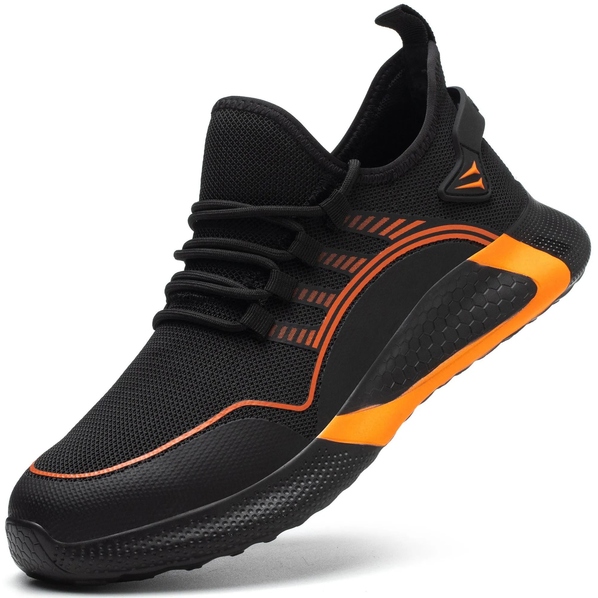 Breathable labour protection shoe for men with black fly-knit upper and rubber plastic sole