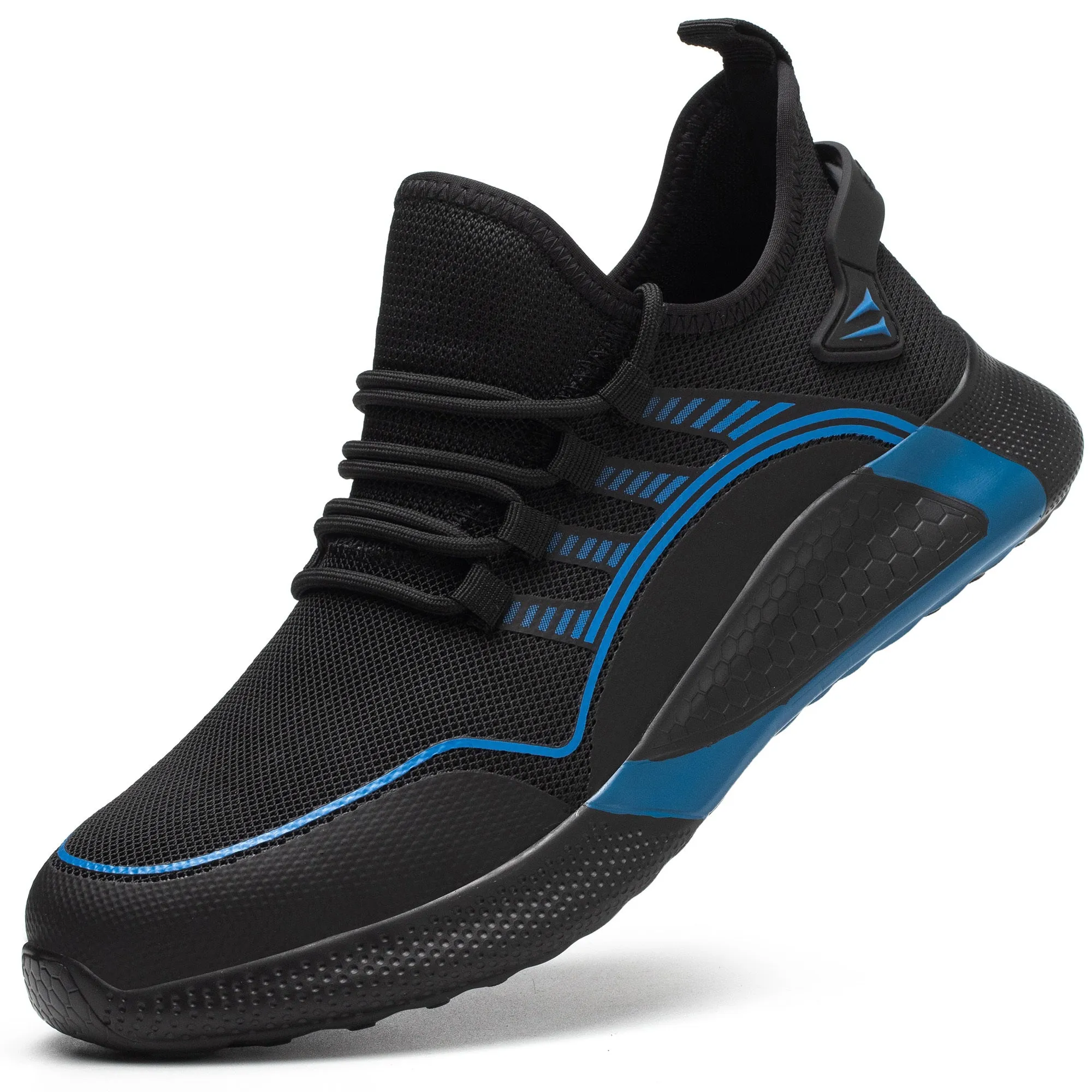 Breathable labour protection shoe for men with black fly-knit upper and rubber plastic sole