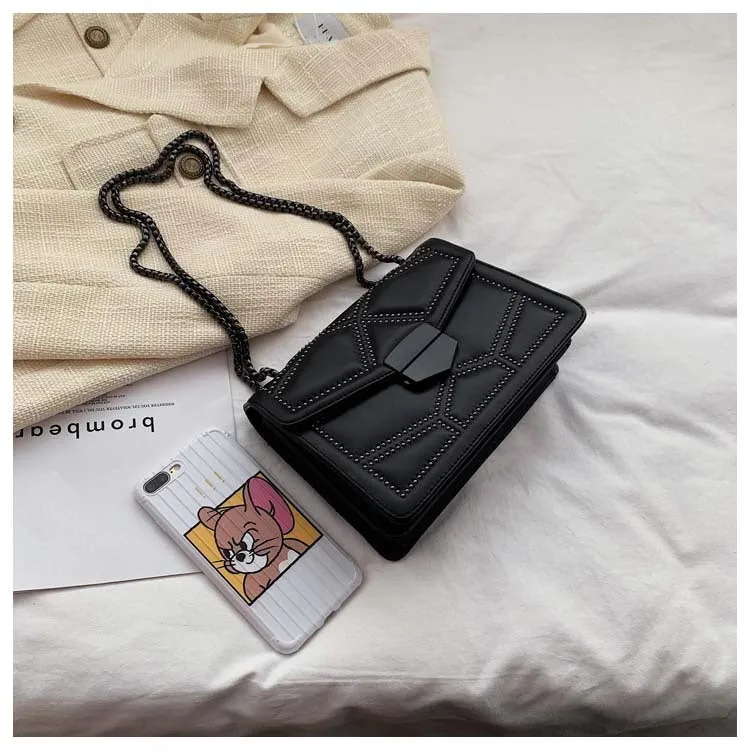 Small square PU shoulder bag with gold rivet studs, chain handle and zipper closure, available in four colours
