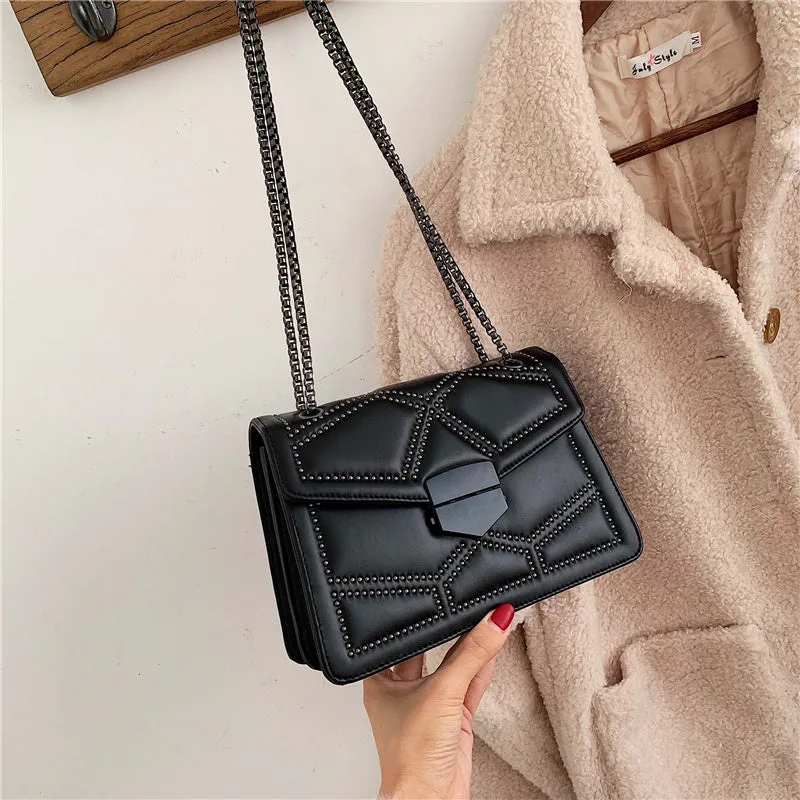 Small square PU shoulder bag with gold rivet studs, chain handle and zipper closure, available in four colours