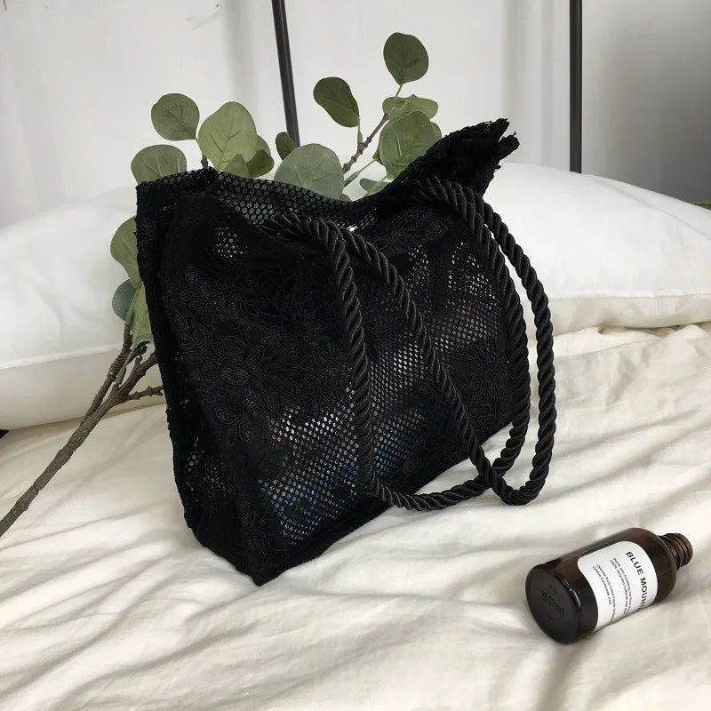 Handmade double layer lace shopping bag in black colour, small size