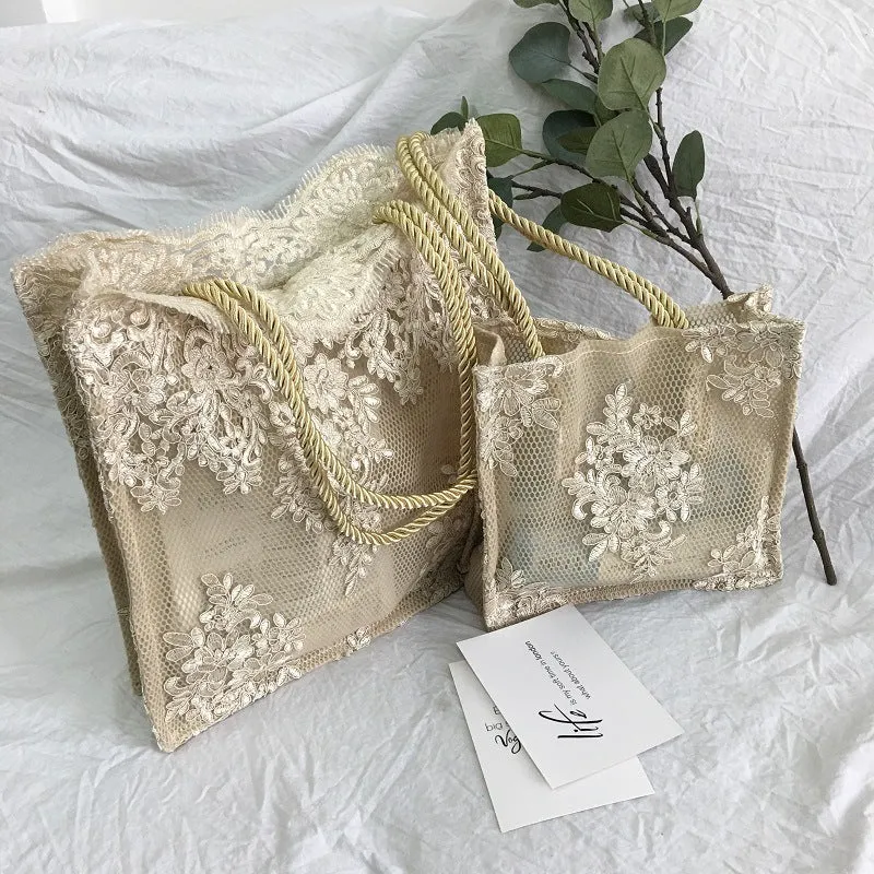 Handmade double layer lace shopping bag in black colour, small size