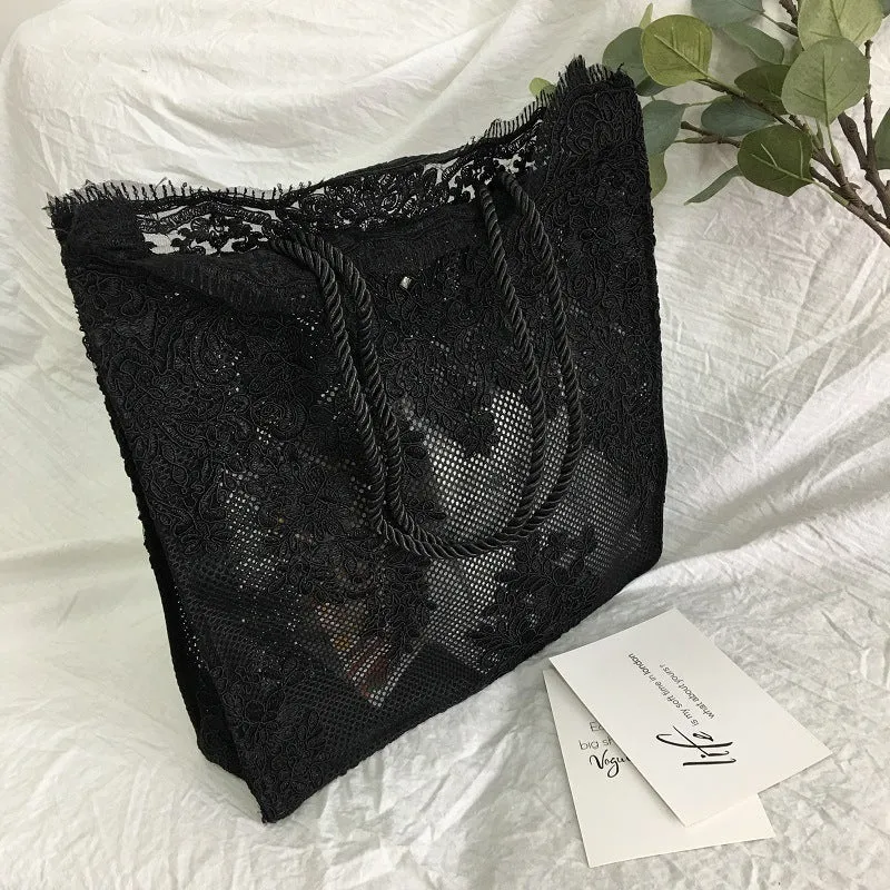 Handmade double layer lace shopping bag in black colour, small size