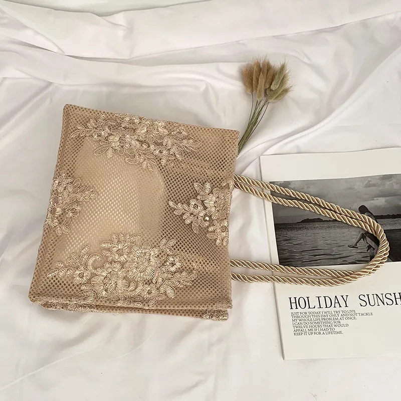 Handmade double layer lace shopping bag in black colour, small size