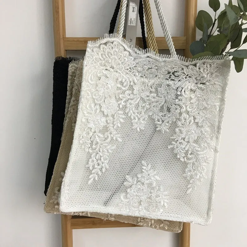 Handmade double layer lace shopping bag in black colour, small size