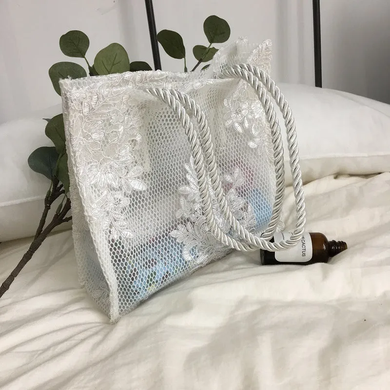 Handmade double layer lace shopping bag in black colour, small size