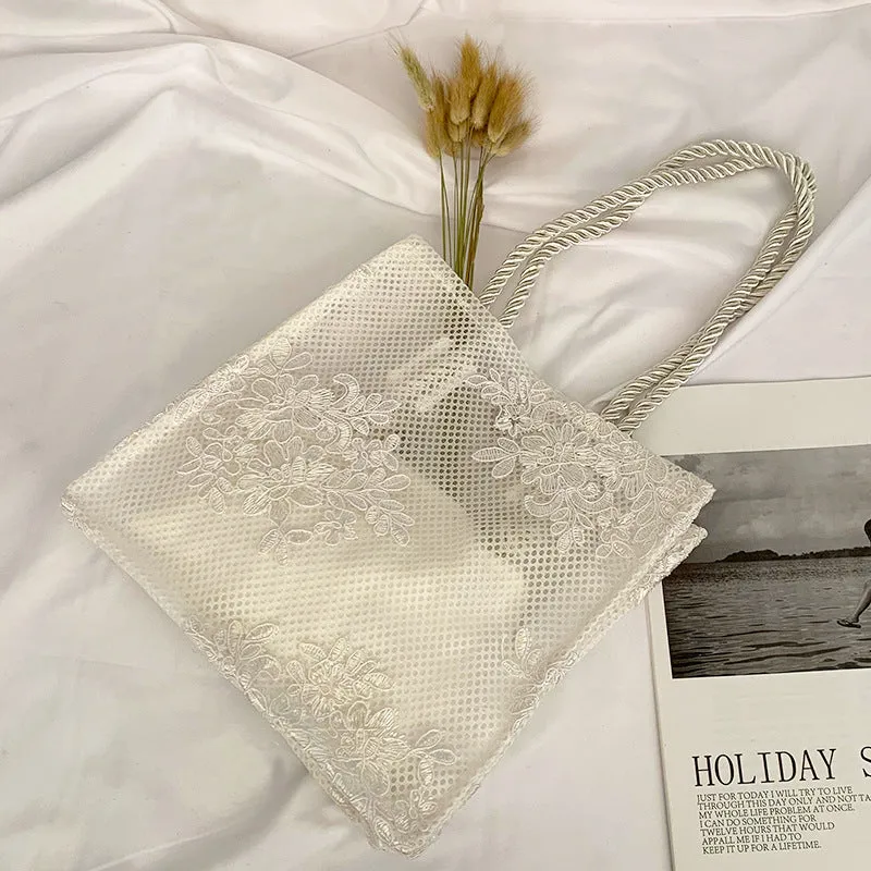 Handmade double layer lace shopping bag in black colour, small size