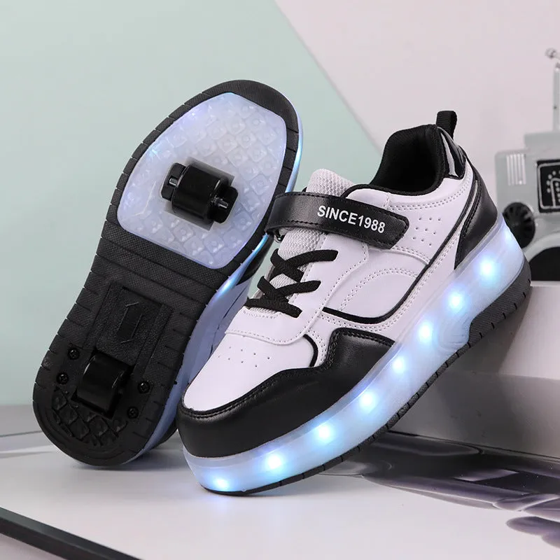 Children's rechargeable flashing roller skates with LED lights in pink, showing UK size markings
