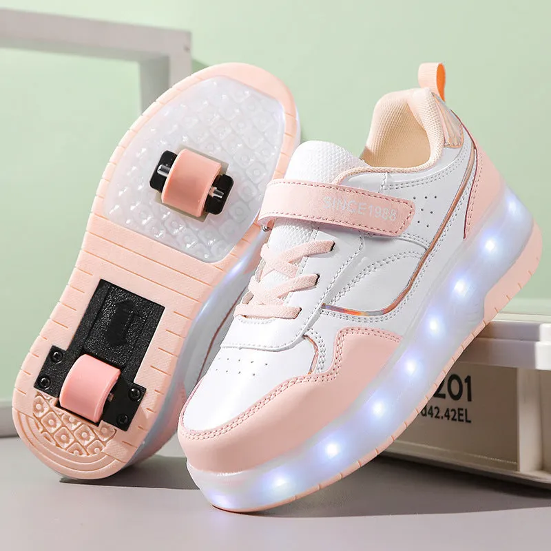 Children's rechargeable flashing roller skates with LED lights in pink, showing UK size markings