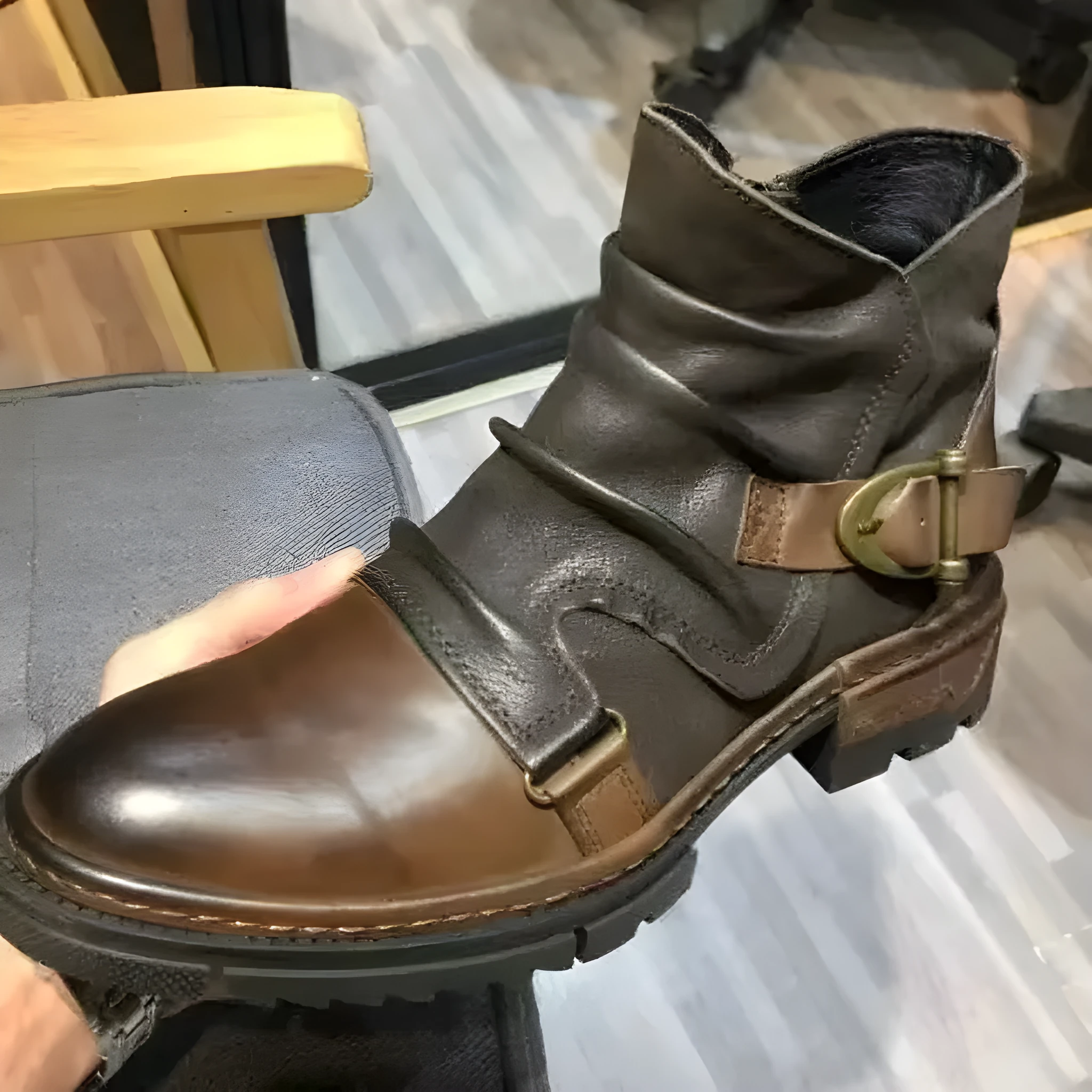 Square heel high-top men's boots brown PU leather low heel height-increasing